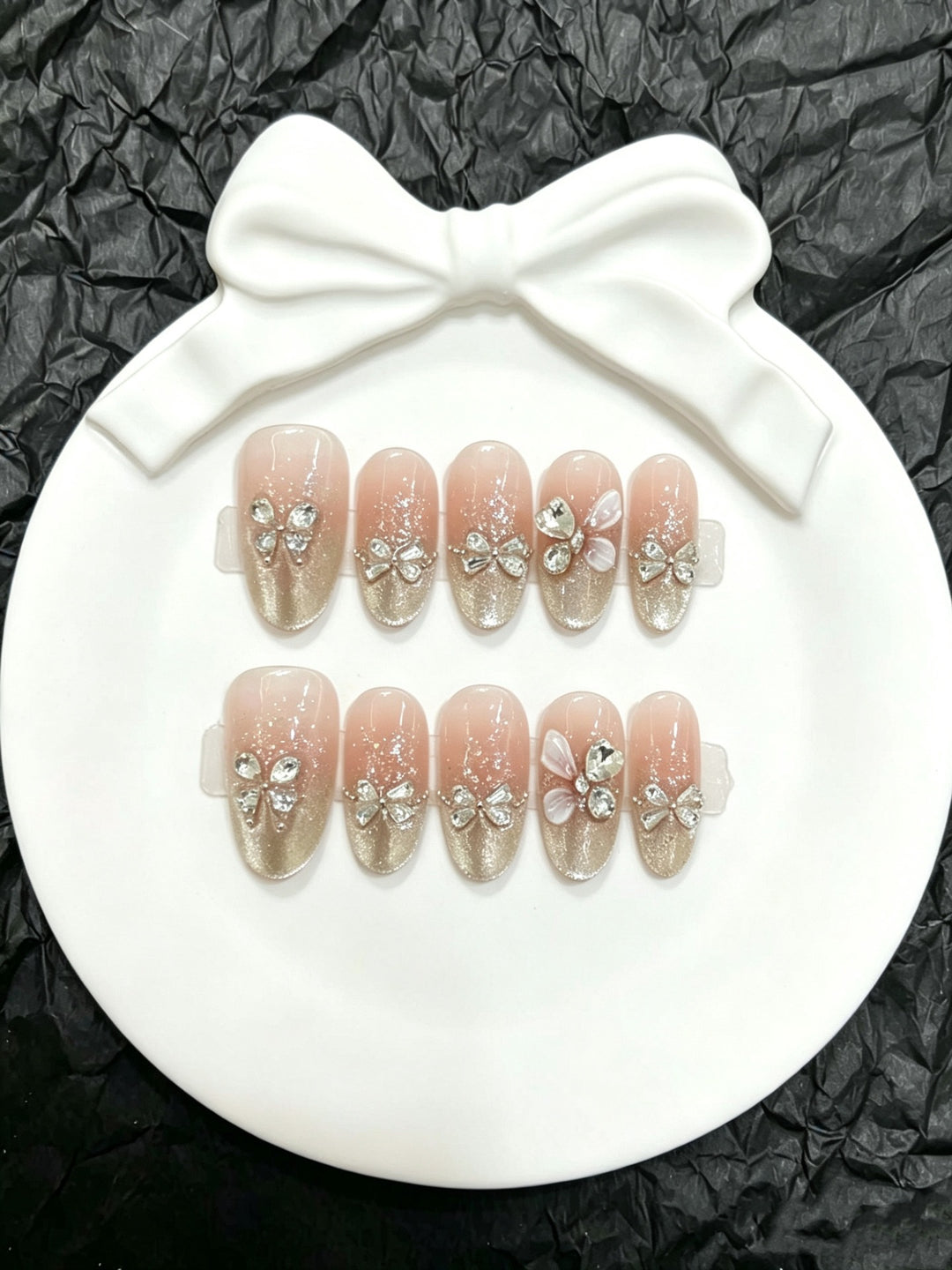 Decorative Press-On Nail Art Set with Rhinestone Bow Accents
