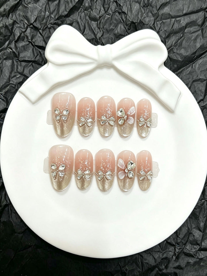 Decorative Press-On Nail Art Set with Rhinestone Bow Accents