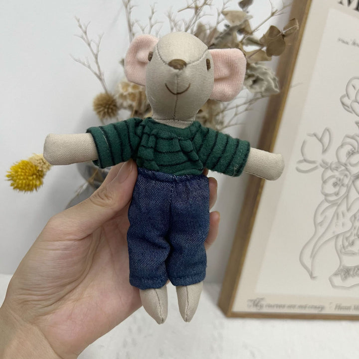 Handcrafted Linen Mouse Plush Doll with Striped Knit Shirt and Denim Pants