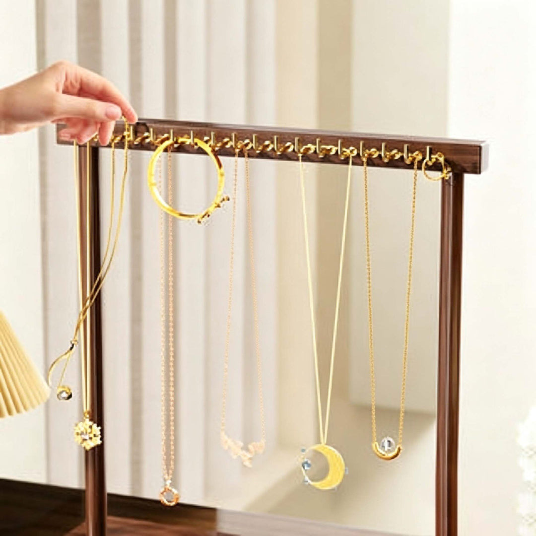 Wooden Vertical Necklace and Bracelet Display Stand with Multiple Hooks and Weighted Base