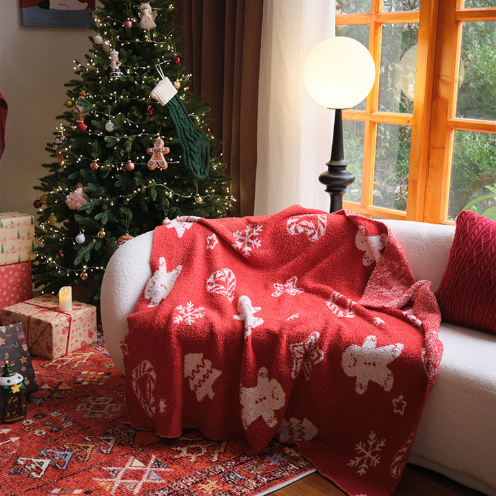Oversized Plush Holiday Sherpa Throw Blanket with Festive Gingerbread and Snowflake Jacquard