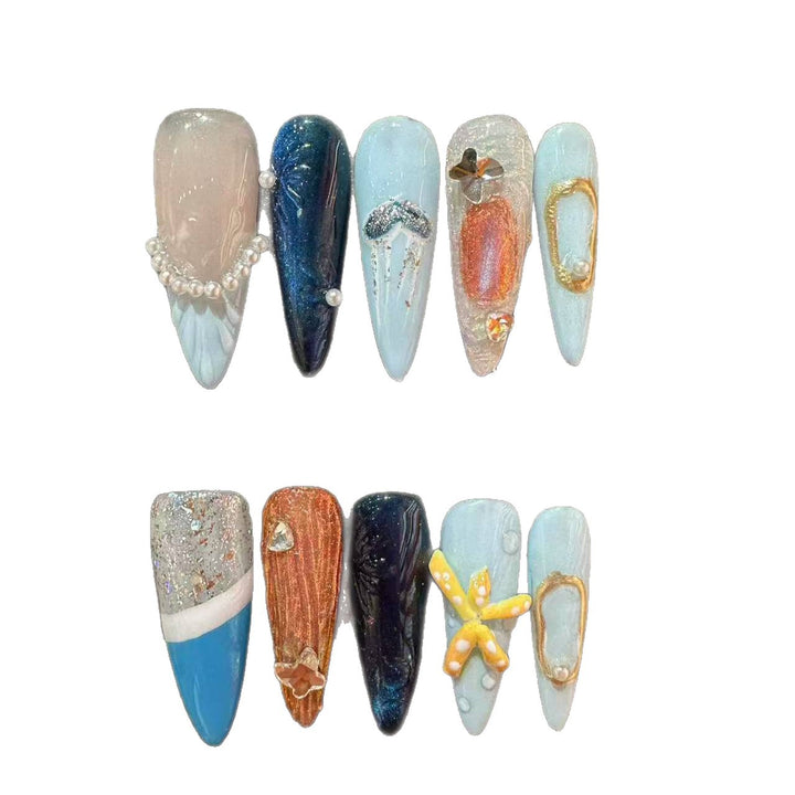Handmade Decorative Press-On Nail Set with Ocean-Inspired Designs