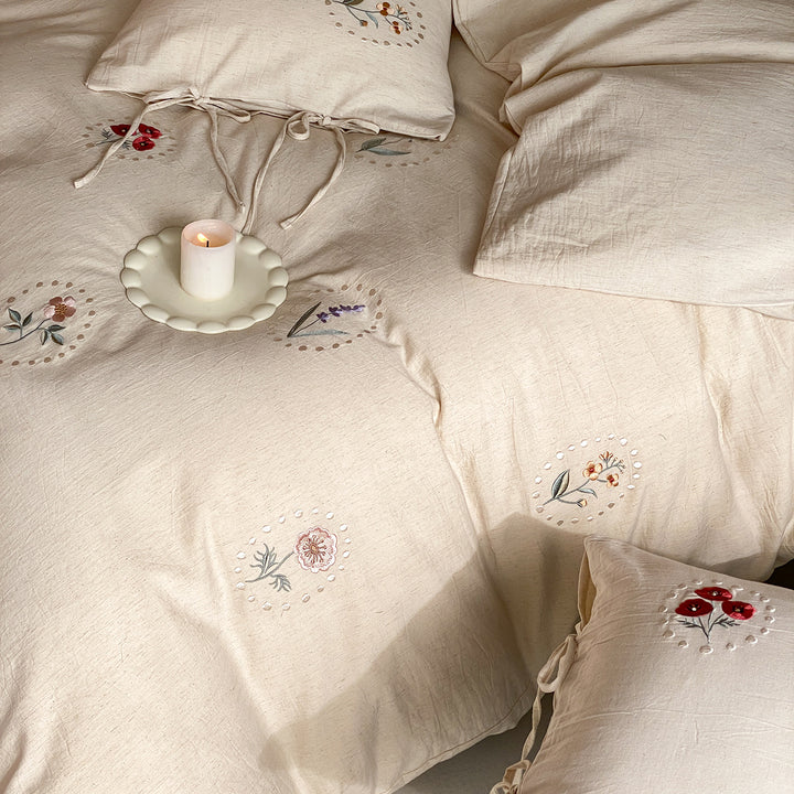 Embroidered Organic Linen Duvet Cover Set with Decorative Pillowcases