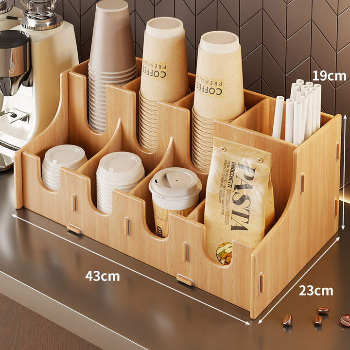 Modular Bamboo Countertop Coffee Station Organizer with Multi-Compartment Cup Lid and Straw Dispensers