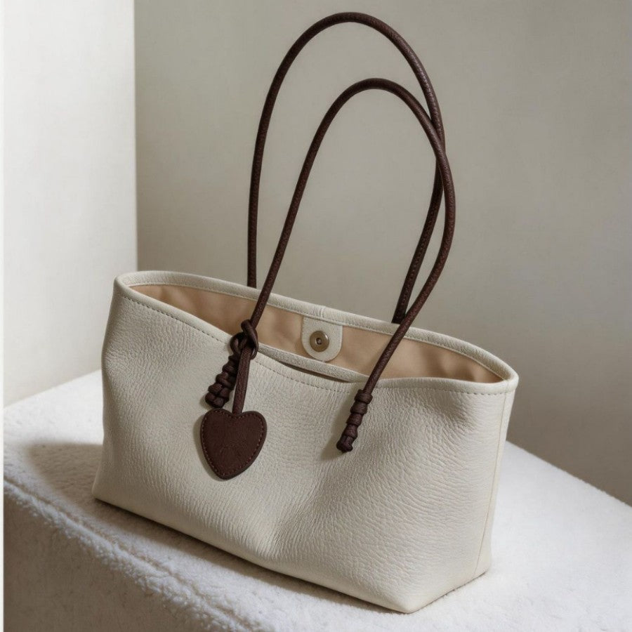 Pebbled Faux Leather Rectangular Tote Bag with Long Cord Shoulder Handles & Heart Charm
