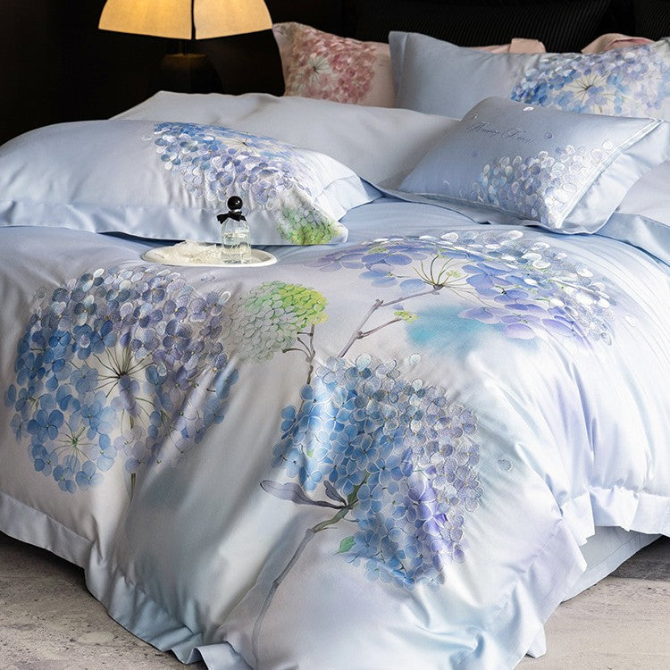 Silky Sateen Hydrangea-Print Duvet Cover Set with Reversible Back and Decorative Shams