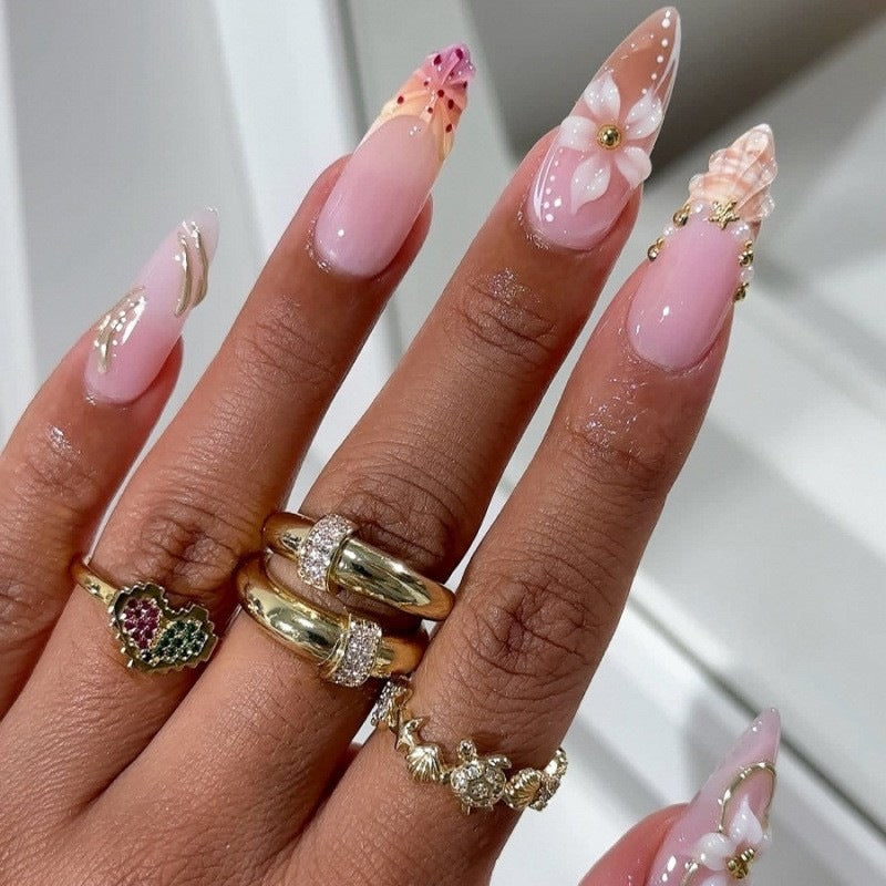 Artificial nail set with luxurious 3D flowers and elegant accents Stornfield