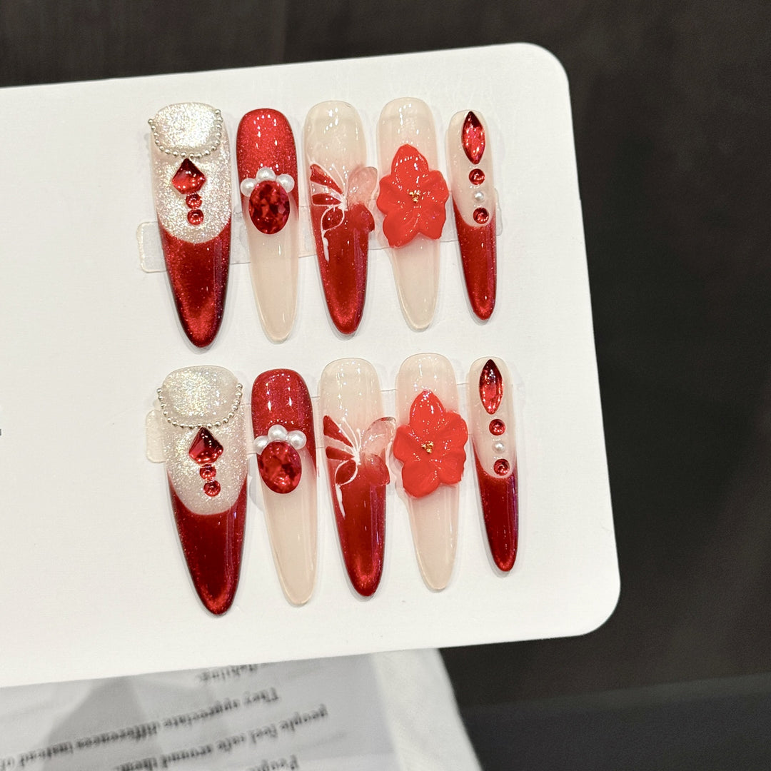 Artistic Press-On Nail Art Kit with 3D Floral and Gem Accents