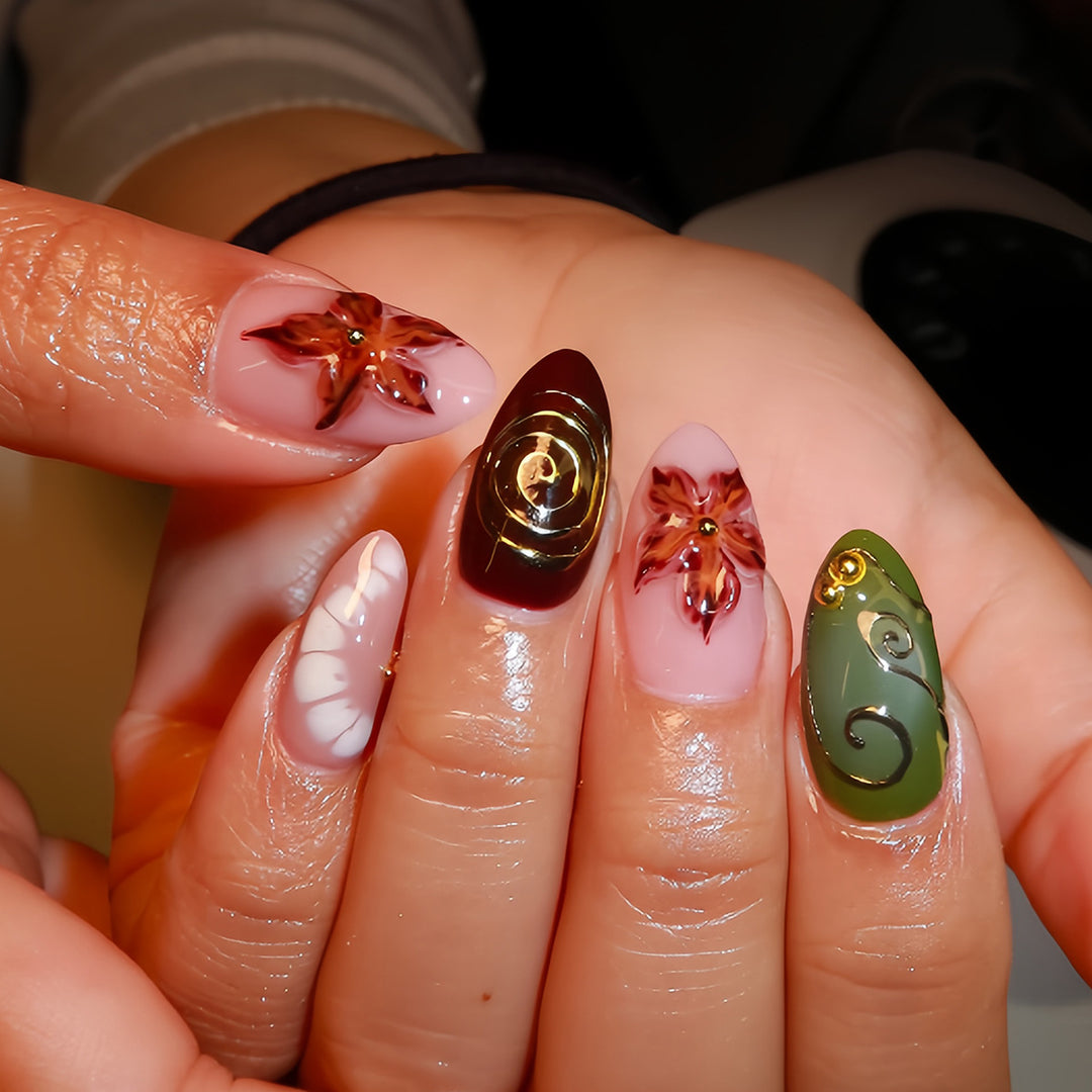 Artificial nails with elegant floral design and noble accents Stornfield
