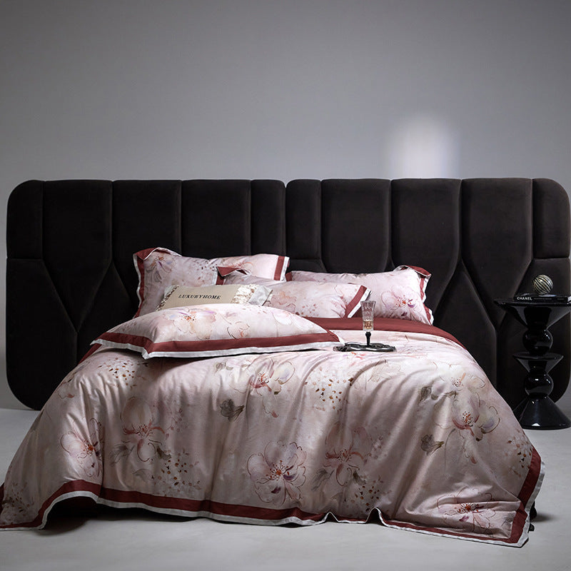 Botanical Watercolor Satin-Blend Reversible Duvet Cover Set with Piped Edge and Pillow Shams