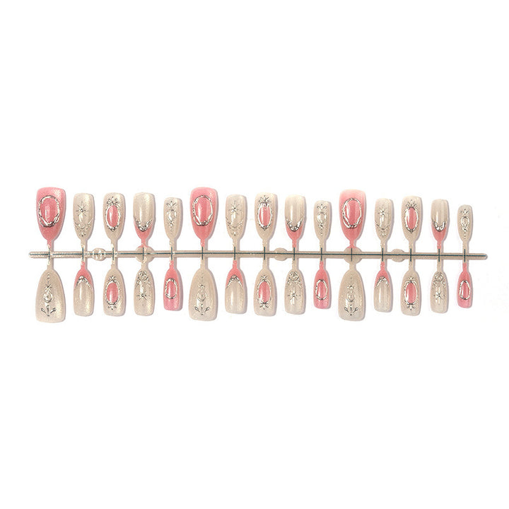 Artificial nail set with glamorous floral and metallic accents Stornfield