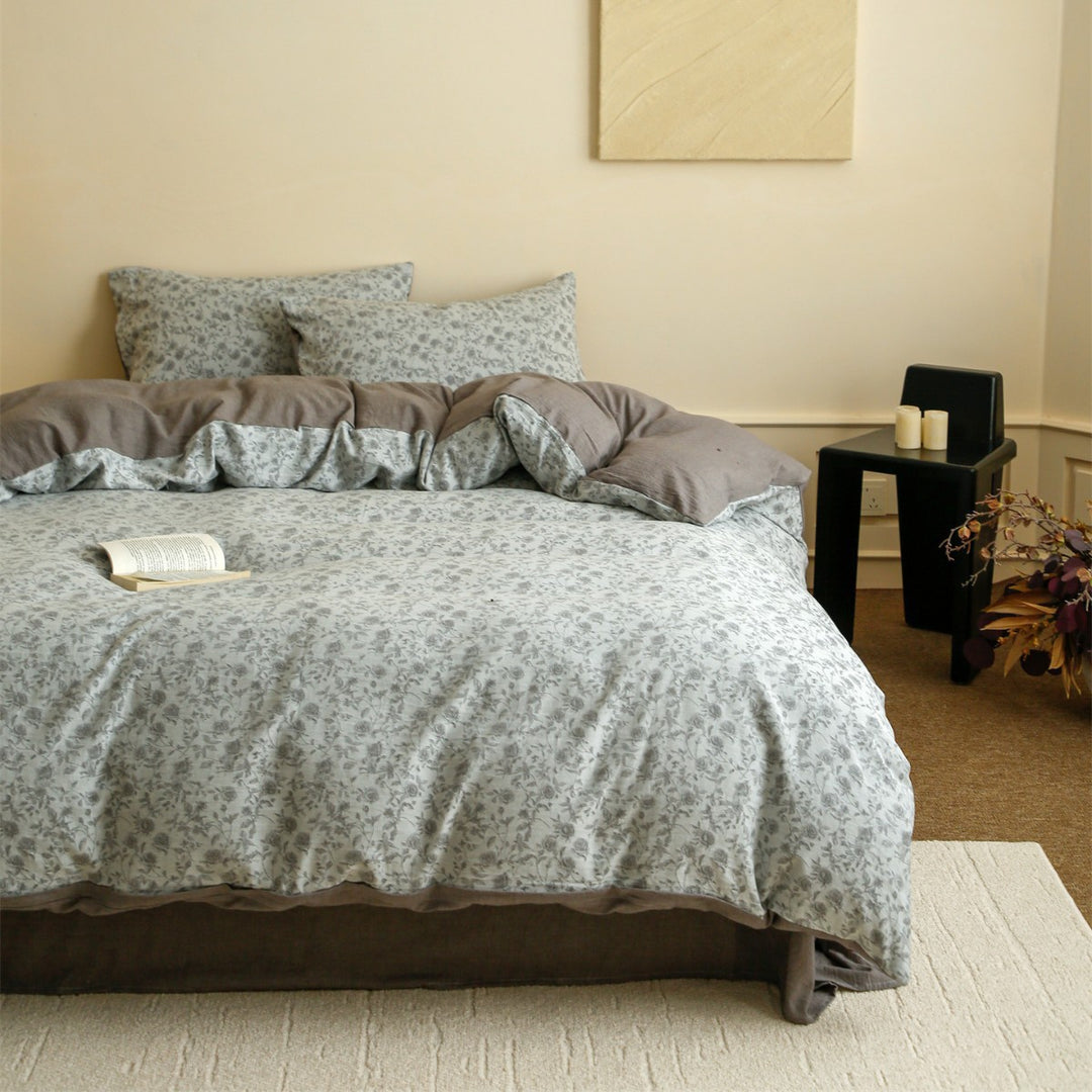 Breathable Organic Cotton Pinstripe Botanical Duvet Cover & Sham Set