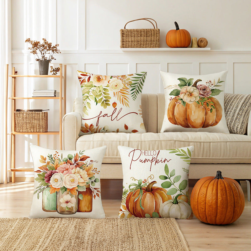 Autumn Watercolor Floral Cotton-Linen Throw Pillow Cover with Script 'Fall'