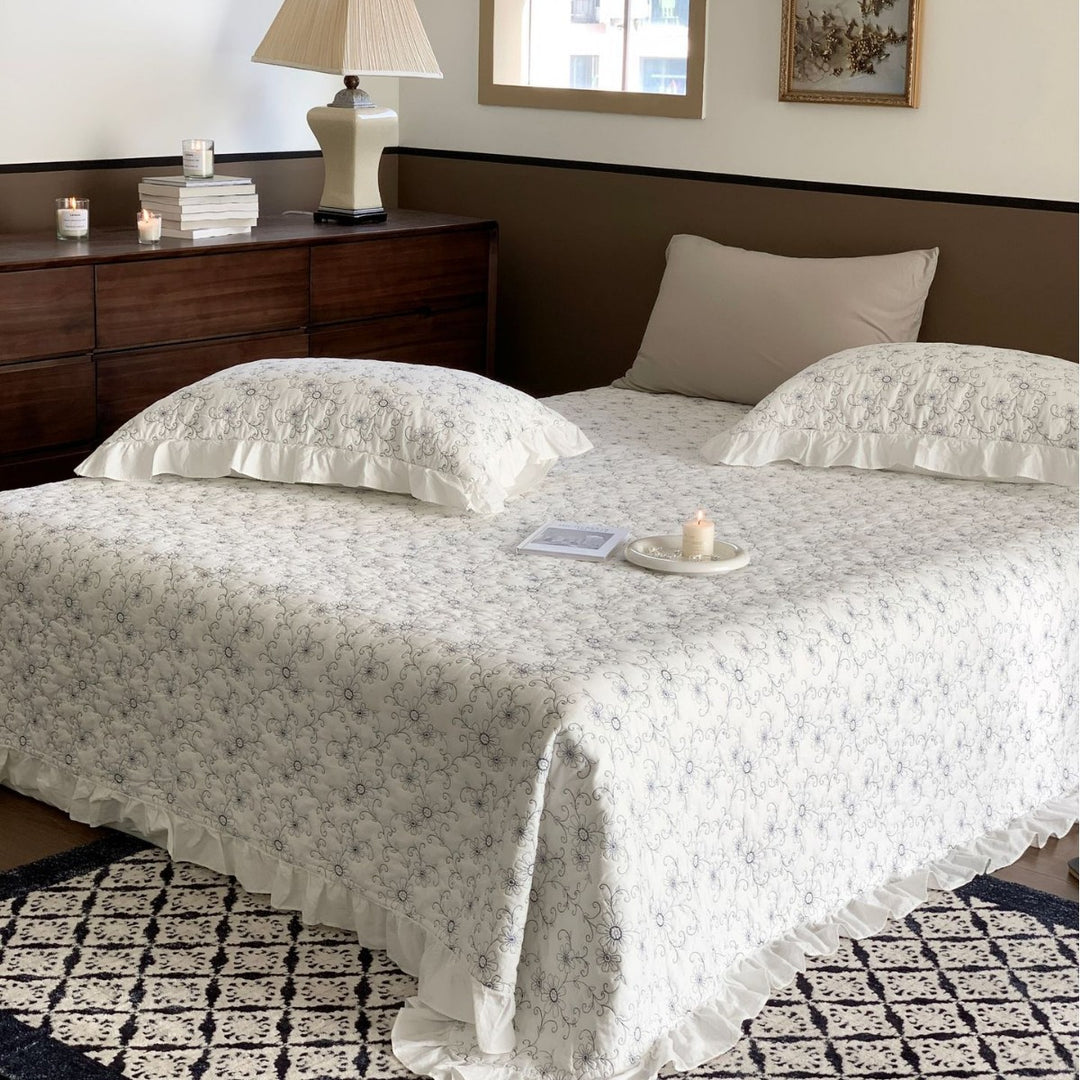 Quilted Floral Embroidered Bedspread with Ruffled Edge Pillow Sham Set