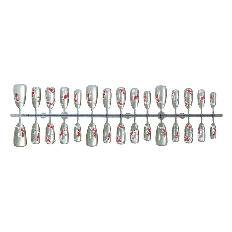 Artificial nail set with filigree koi fish designs and glitter accents Stornfield