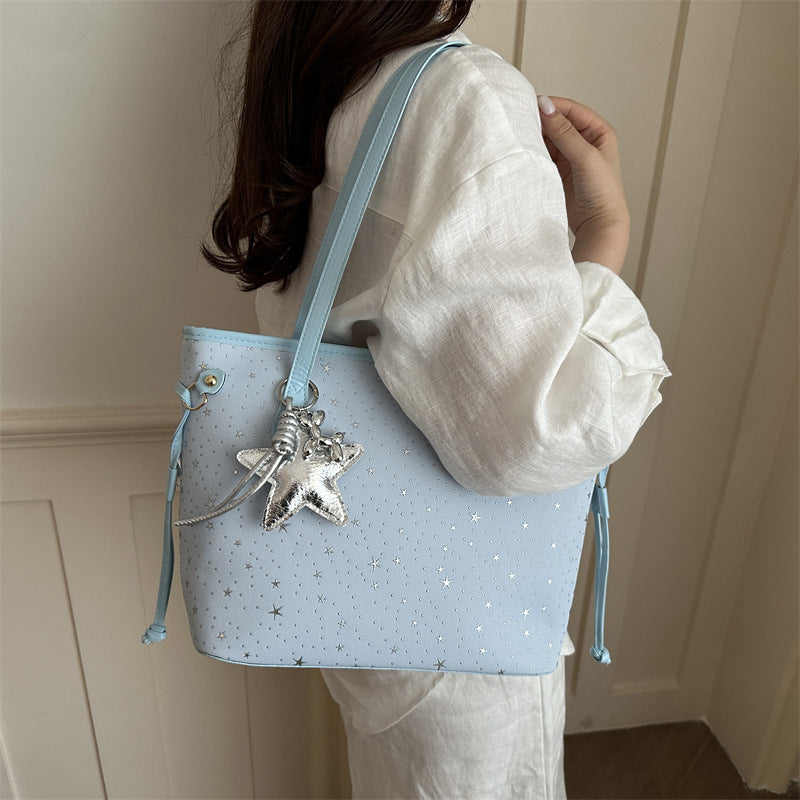 Star-Accented Faux Leather Tote Bag