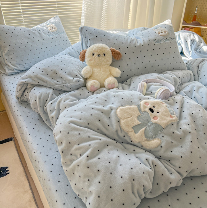 Plush Fitted Sheet and Pillowcase Set with Embroidered Kitten Plush Microfleece