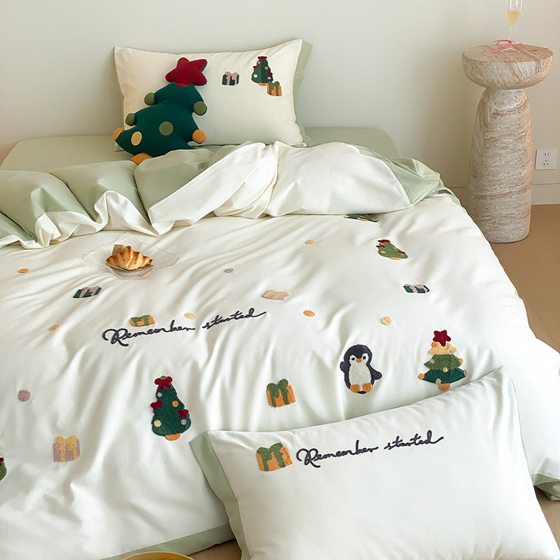 Festive Embroidered Cotton Sateen Duvet Cover and Sham Set with Playful Penguin Motifs and Reversible Border