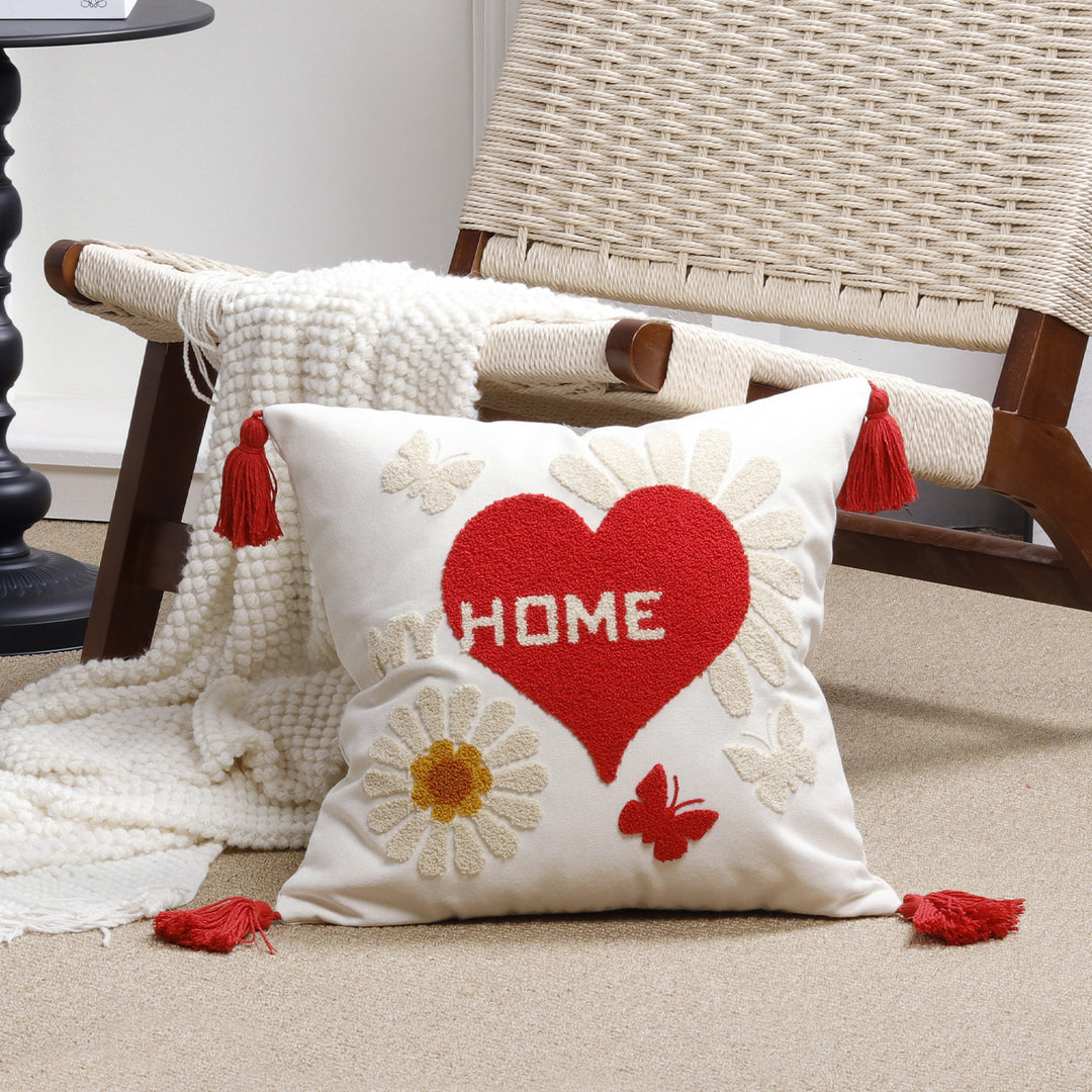 Square Decorative Pillow Cover with Fuzzy Heart Appliqué and Tassel Corners