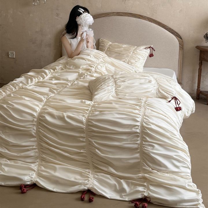 Luxurious Ruched Satin Duvet Cover Set with Drawstring Pillow Shams