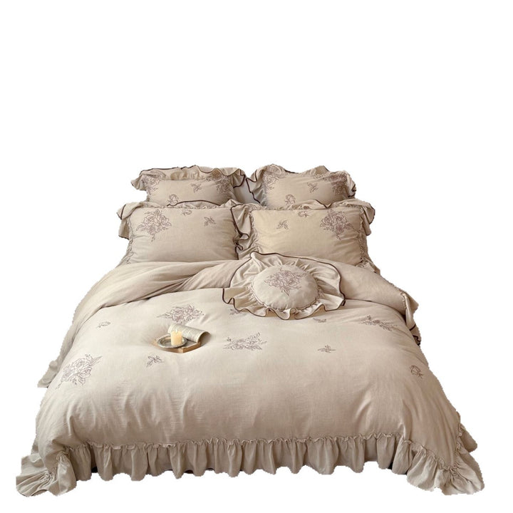 Embroidered Floral Ruffled Linen Duvet Cover Set