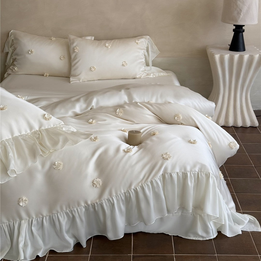 Ruffled Satin-Feel Floral Appliqué Duvet Cover Set with Decorative Shams