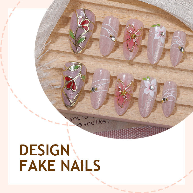 Artificial nail set with luxurious floral designs and glitter accents Stornfield