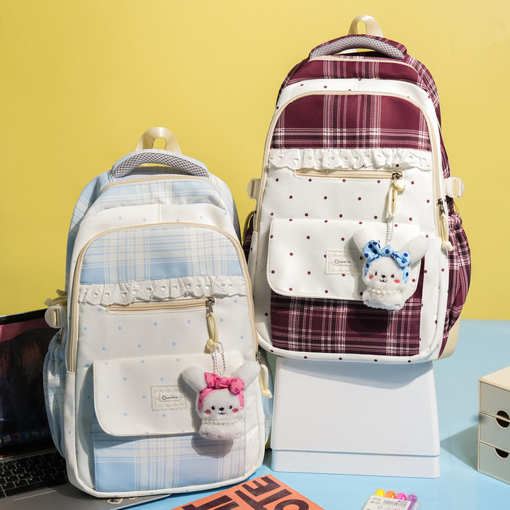 Plaid Patterned School Backpack with Cute Bunny Keychain Stornfield
