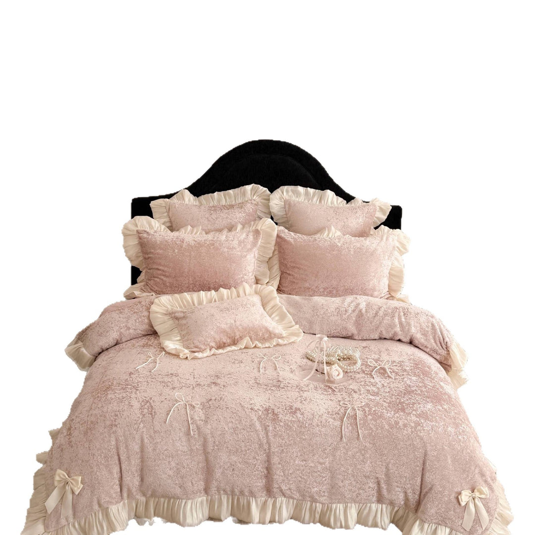 Luxury Crushed Velvet Ruffled Duvet Cover Set with Satin Bows