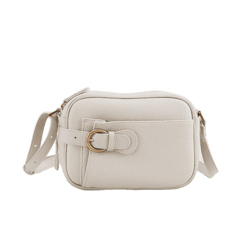 Pebbled Vegan Leather Camera Crossbody Bag with Decorative Buckle & Front Slip Pocket