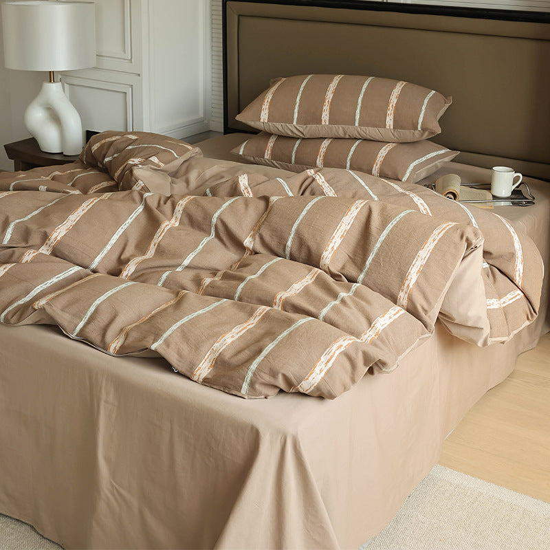 Luxurious cotton satin bedding set with hand-painted vertical stripes and zipper