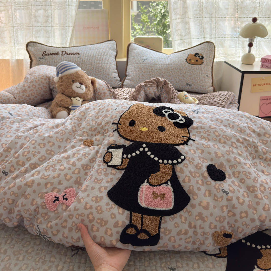 Plush Reversible Duvet Cover Set with Embroidered Rabbit Applique