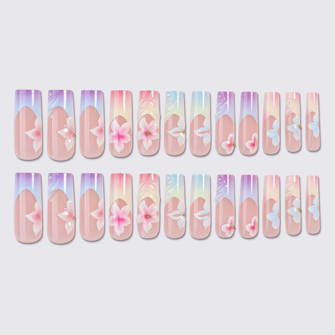 Artificial nail set with floral designs and elegant ombre effect Stornfield