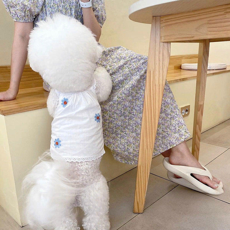 Lightweight Cotton Eyelet-Trim Sleeveless Dog Tank Top with Cherry Embroidery