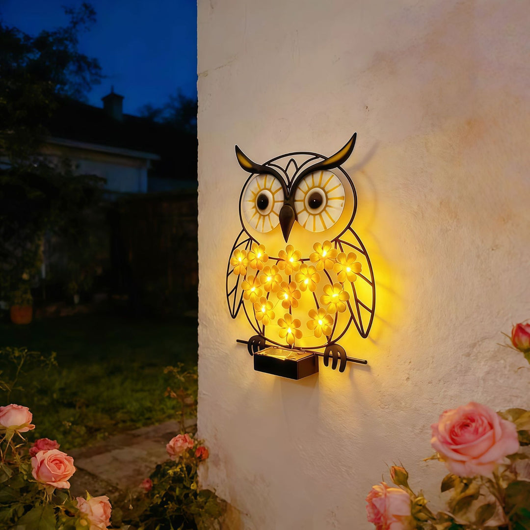 Metal Owl Wall Art With Solar Powered LED Floral Lights And Iron Frame Stornfield