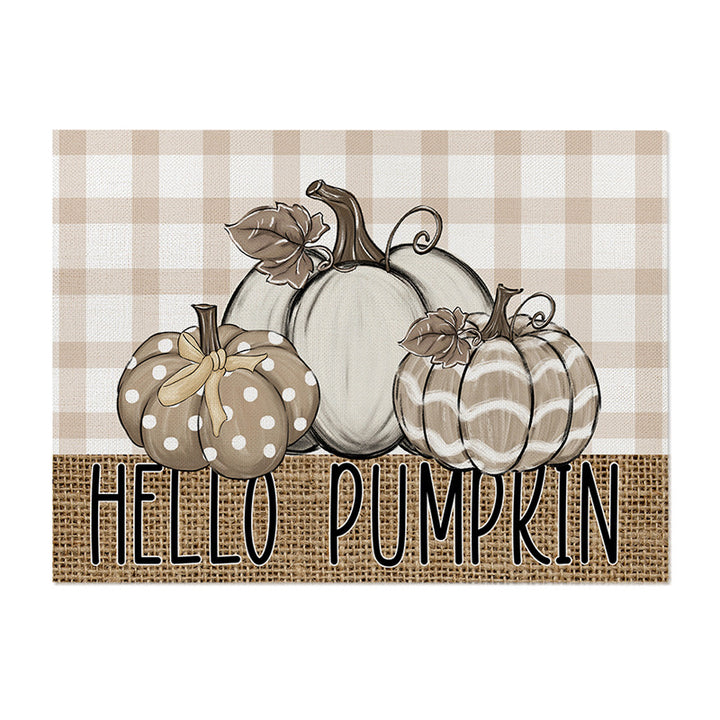 Rectangular Linen-Texture Table Placemat with Watercolor White Pumpkin & Fall Foliage Print