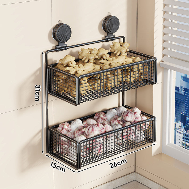 Wall-Mounted Suction Mesh Produce Storage Basket Set with Double-Tier Adjustable Rack