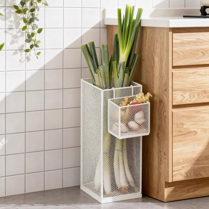 Vertical Metal Produce Storage Tower with Detachable Side Basket