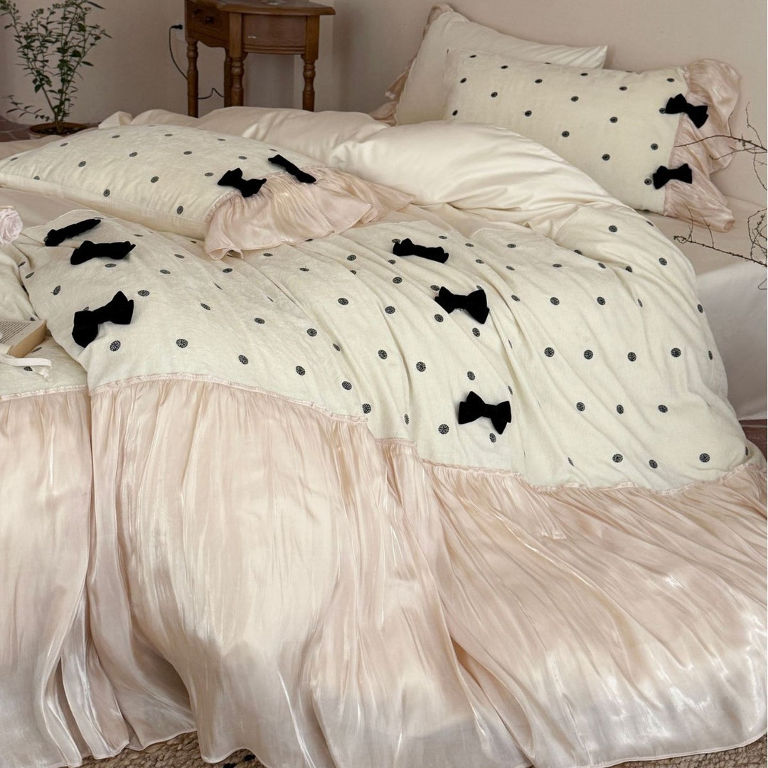 Silky Ruffled Polka Dot Duvet Cover Set with Velvet Bow Accents