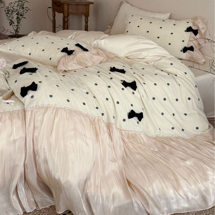 Silky Ruffled Polka Dot Duvet Cover Set with Velvet Bow Accents