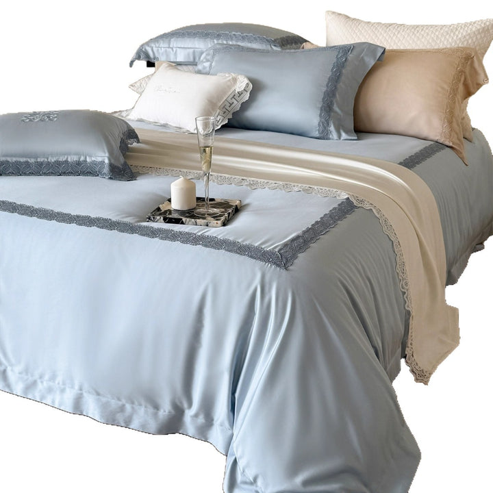 Silky Satin Duvet Ensemble with Floral Appliqué Embroidery, Scalloped Lace Border & Hidden Closure