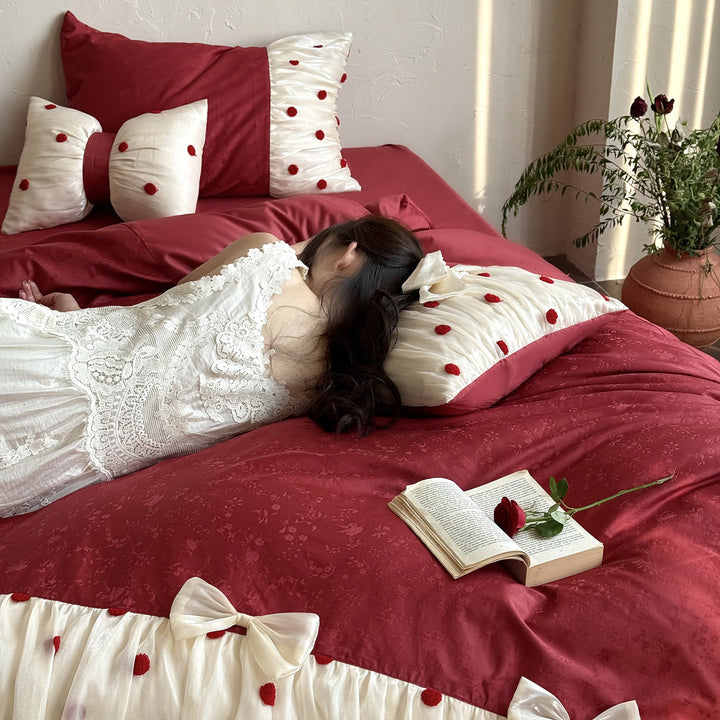 Luxurious Polka Dot Velvet Reversible Duvet Cover Set with Sheer Ruffle Trim and Decorative Bows