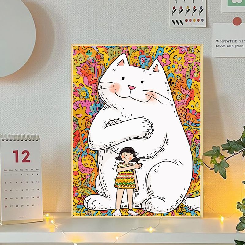 Playful Cat and Girl Illustration Canvas Art Stornfield
