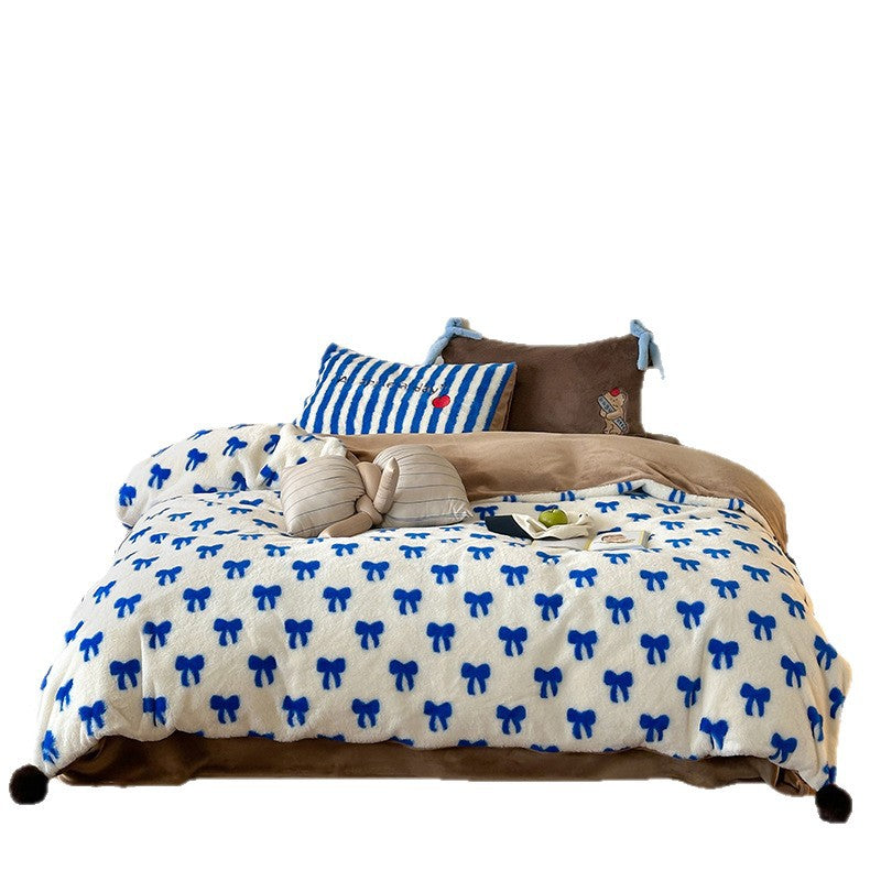 Plush Microfleece Reversible Duvet Cover Set with Pom-Pom Corners and Bow Print