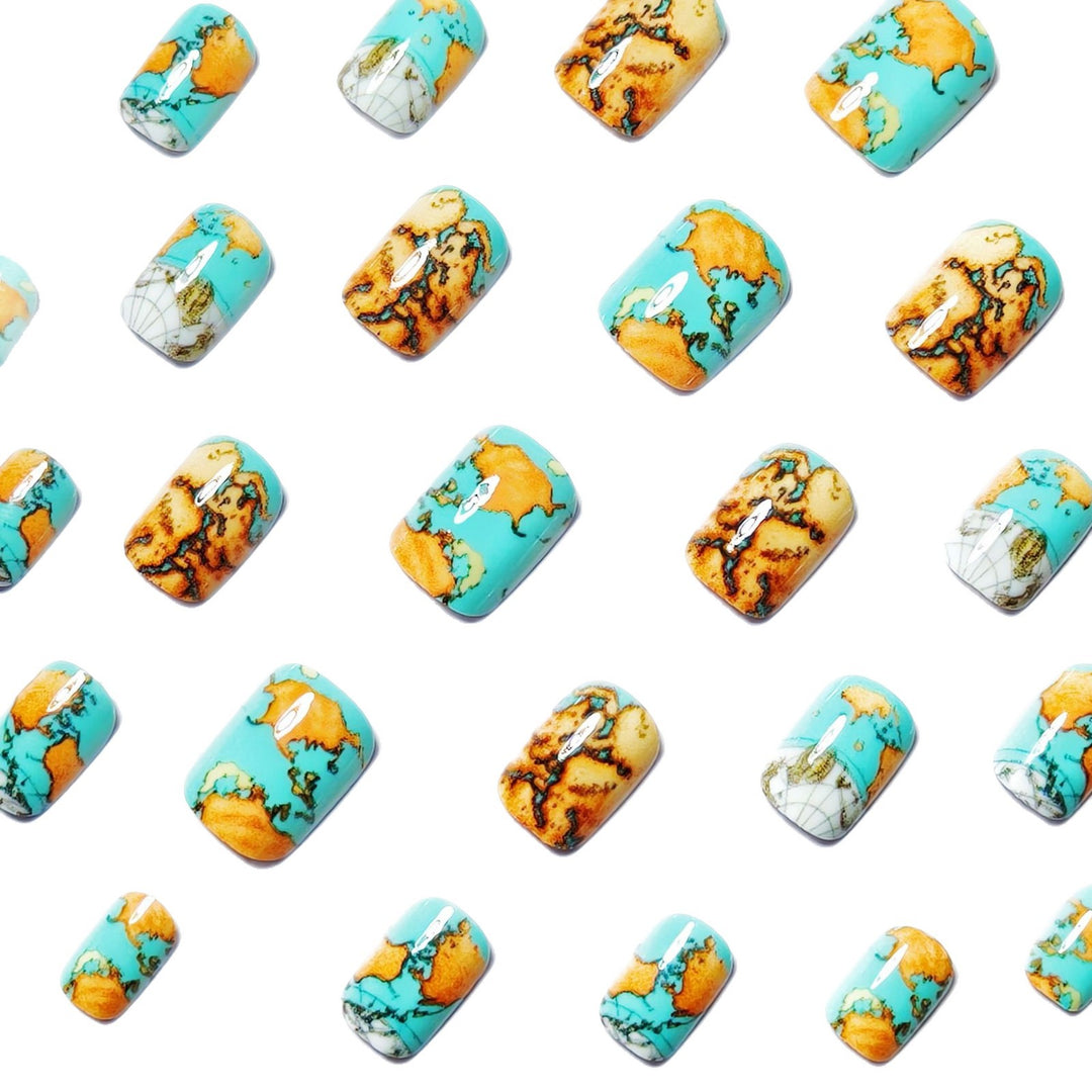 Creative artificial nails with world map inspired design Stornfield