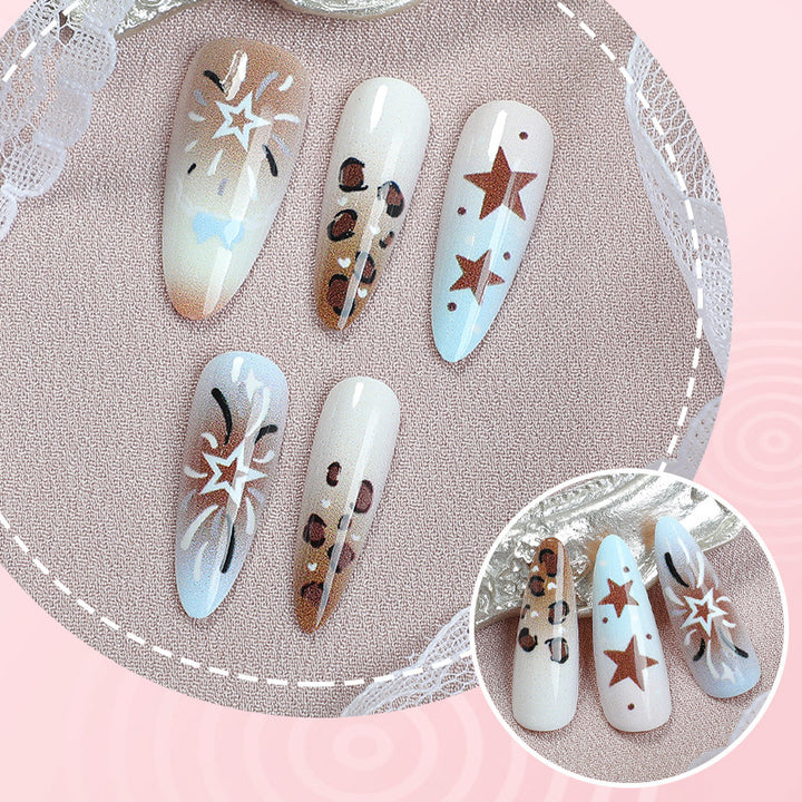 Artistic Stiletto Press-On Nail Art Set with Star and Leopard Accents Stornfield