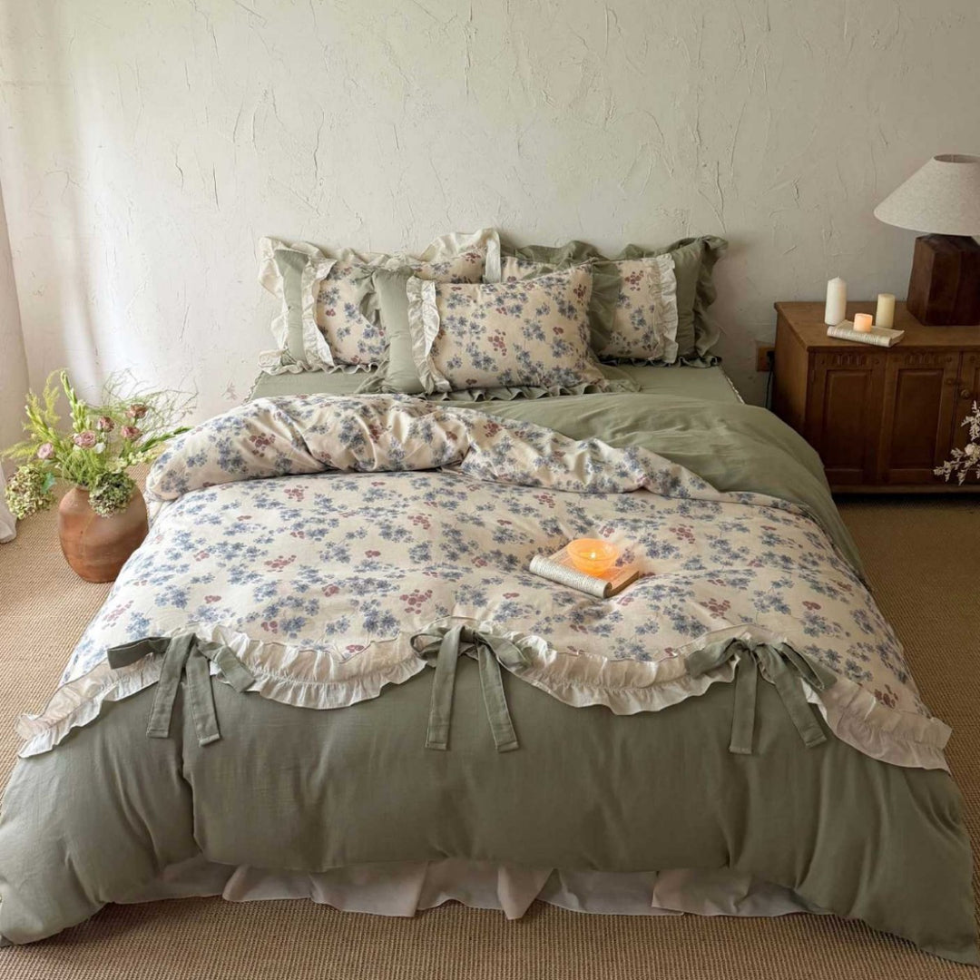 Reversible Ruffled Floral Cotton Duvet Cover Set with Tie Corners & Decorative Pillow Shams
