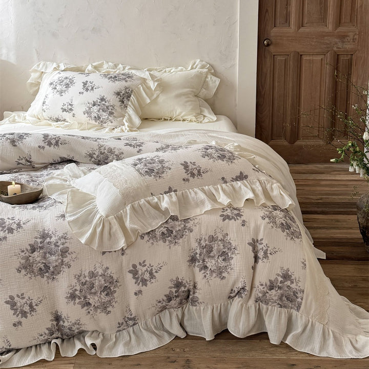 Ruffled Floral Cotton-Gauze Duvet Cover Set with Lace-Trim Pillow Shams