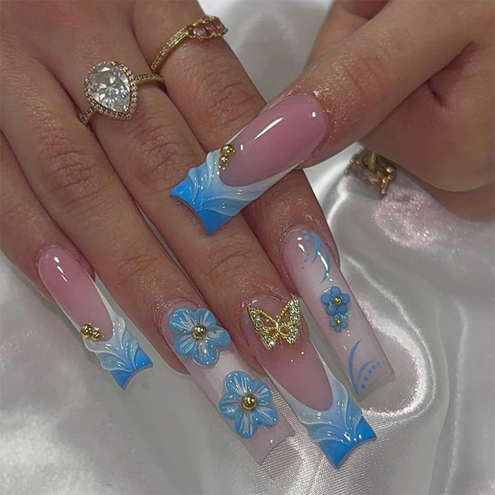 Artistic Press-On Nail Set with Floral and Butterfly Designs Stornfield