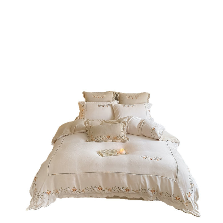 Luxury Embroidered Cotton Sateen Duvet Cover Set with Scalloped Edge Pillow Shams